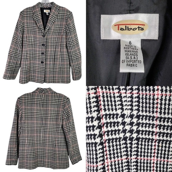 Talbots Blazer Jacket Womens Size 6 Tweed Black White Red Button Wool Lined - Picture 1 of 8